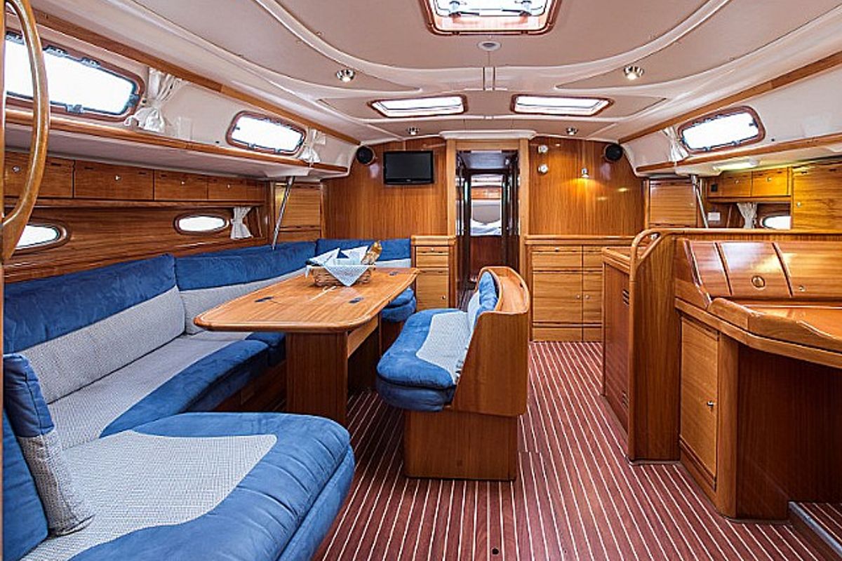 Salon of Wave Dancer, a Bavaria 50 Cruiser sailboat at Municipal Unit of Lefkada, Greece