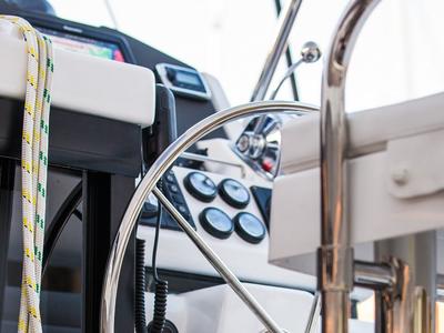 Cockpit of Sunsail 454 Classic, a Leopard 45 catamaran at Eden Island Marina, Seychelles