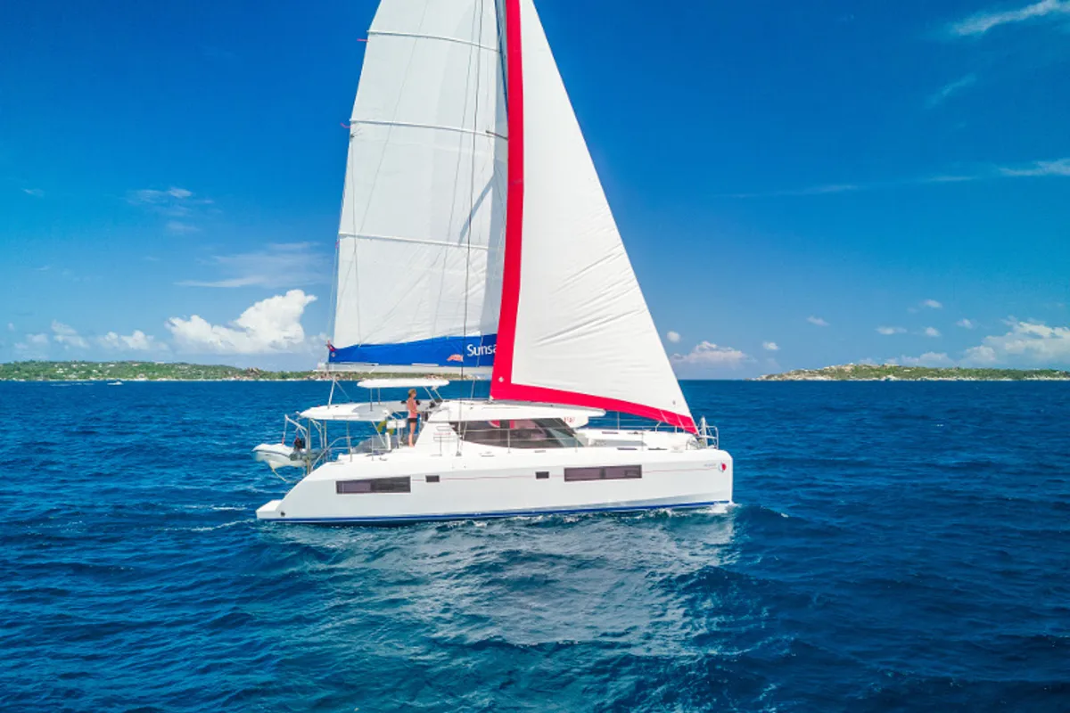 Exterior view of Sunsail 454 Classic, a Leopard 45 catamaran at Eden Island Marina, Seychelles