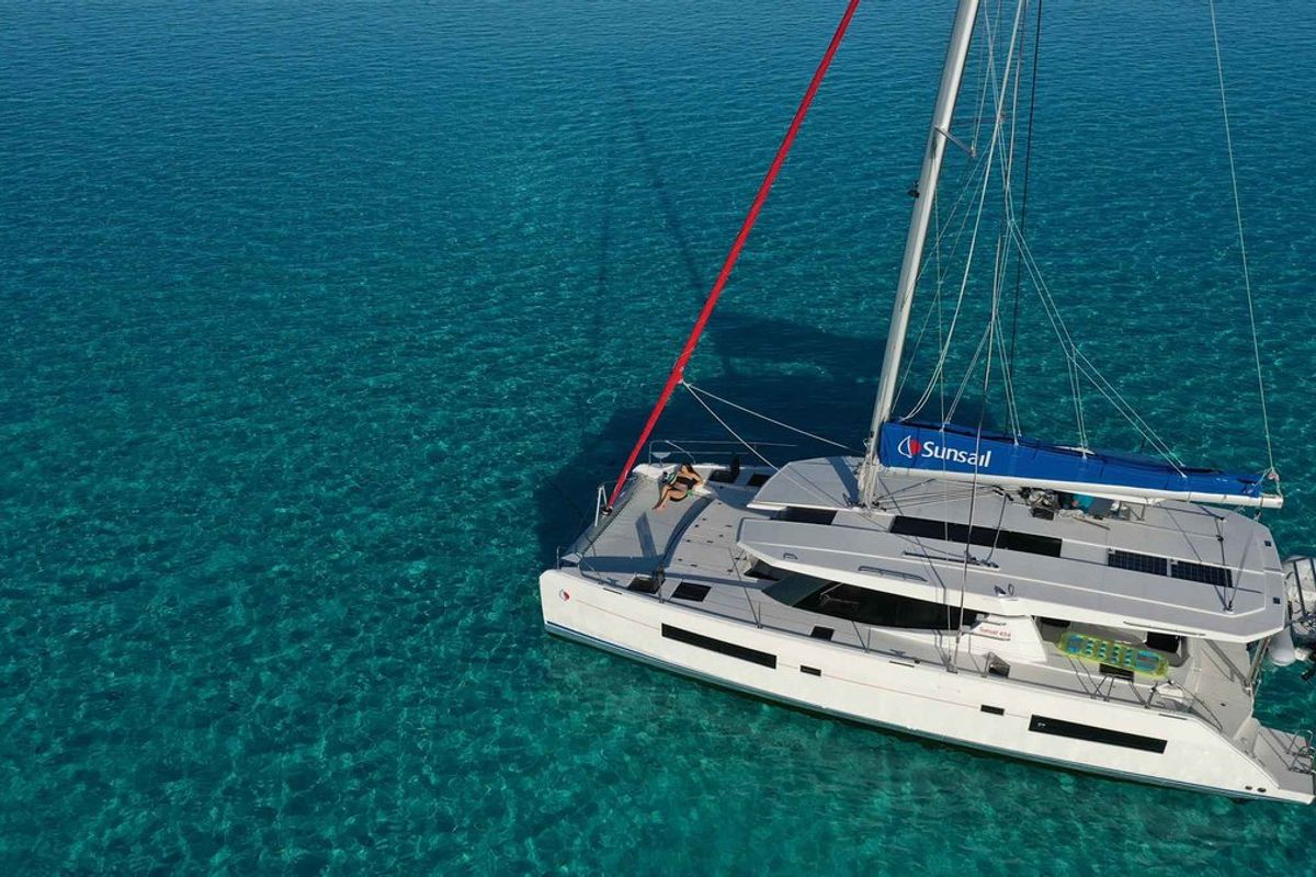 Exterior view of Sunsail 454 Classic, a Leopard 45 catamaran at Eden Island Marina, Seychelles