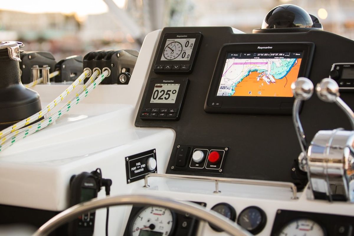 Cockpit of Sunsail 454 Classic, a Leopard 45 catamaran at Eden Island Marina, Seychelles