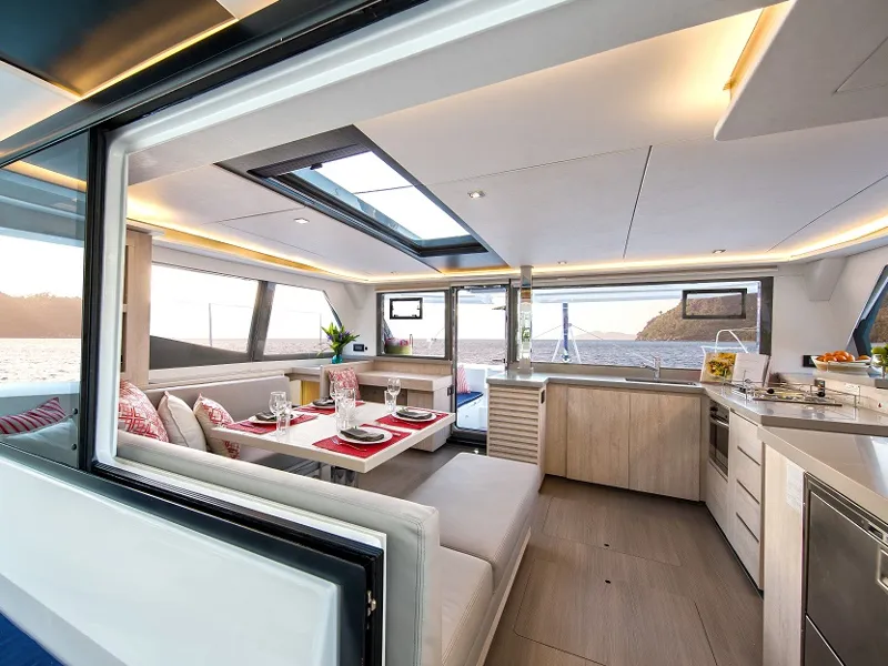 Salon of Sunsail 454 Classic, a Leopard 45 catamaran at Eden Island Marina, Seychelles
