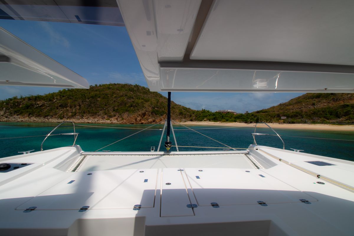 Deck of Sunsail 454 Classic, a Leopard 45 catamaran at Eden Island Marina, Seychelles