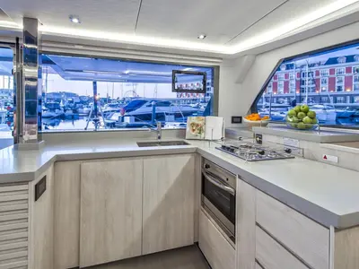 Galley of Sunsail 454 Classic, a Leopard 45 catamaran at Eden Island Marina, Seychelles