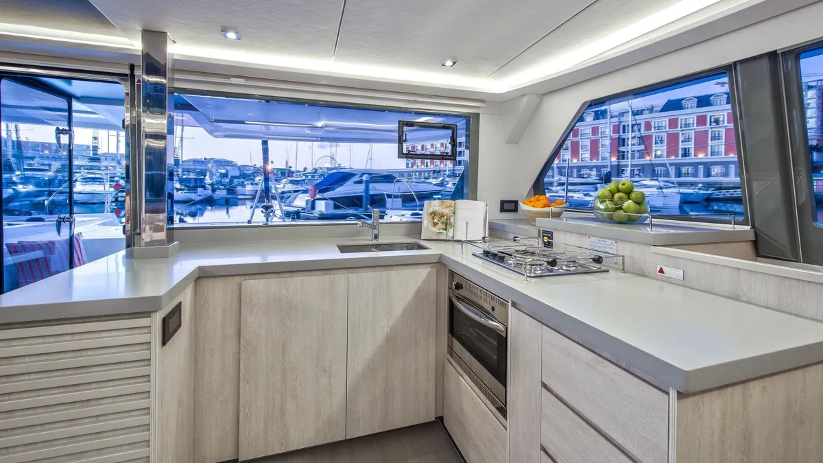 Galley of Sunsail 454 Classic, a Leopard 45 catamaran at Eden Island Marina, Seychelles