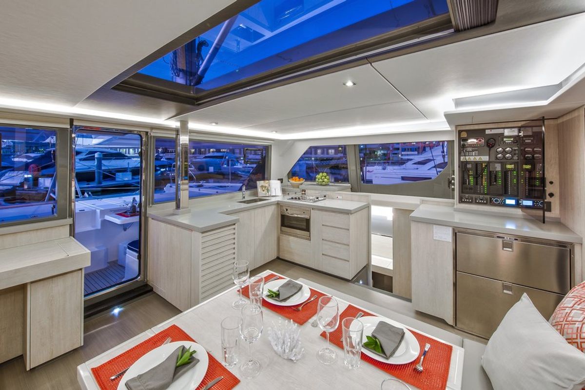 Galley of Sunsail 454 Classic, a Leopard 45 catamaran at Eden Island Marina, Seychelles