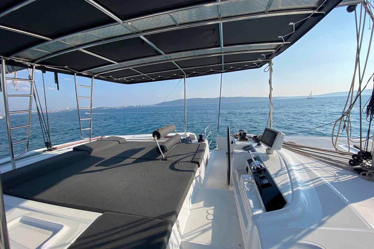 Deck of Tatry, a Lagoon 46 OW catamaran at Grad Kaštela, Croatia