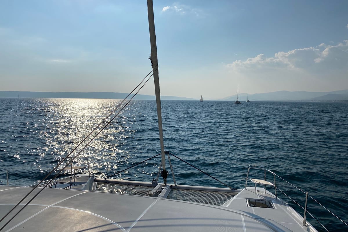 Deck of Tatry, a Lagoon 46 OW catamaran at Grad Kaštela, Croatia