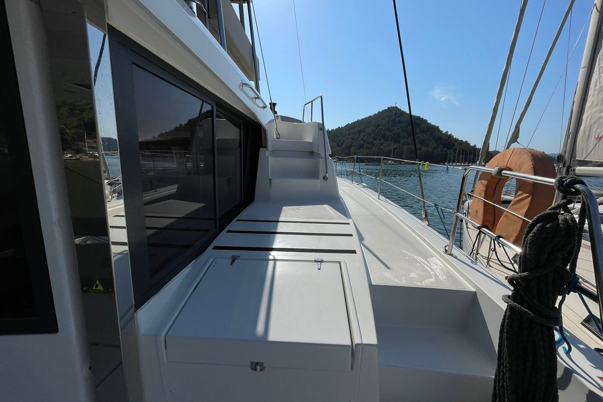 Deck of Sail Aquarius, a Bali 4.6 catamaran at Marmaris, Turkey