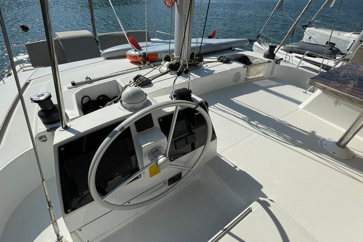Cockpit of Sail Aquarius, a Bali 4.6 catamaran at Marmaris, Turkey