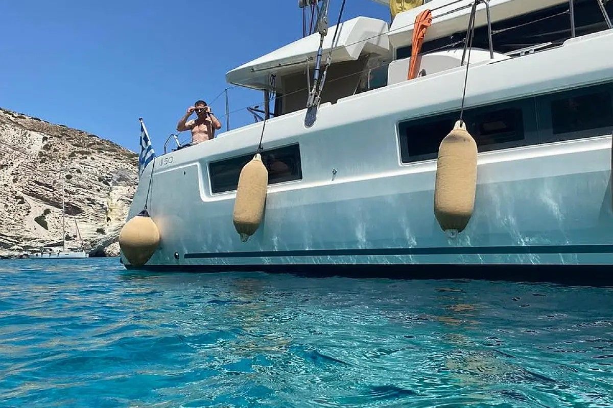Exterior view of Cel, a Lagoon 50 catamaran at Piraeus, Greece