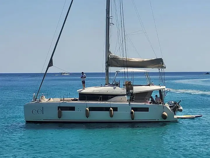 Exterior view of Cel, a Lagoon 50 catamaran at Piraeus, Greece