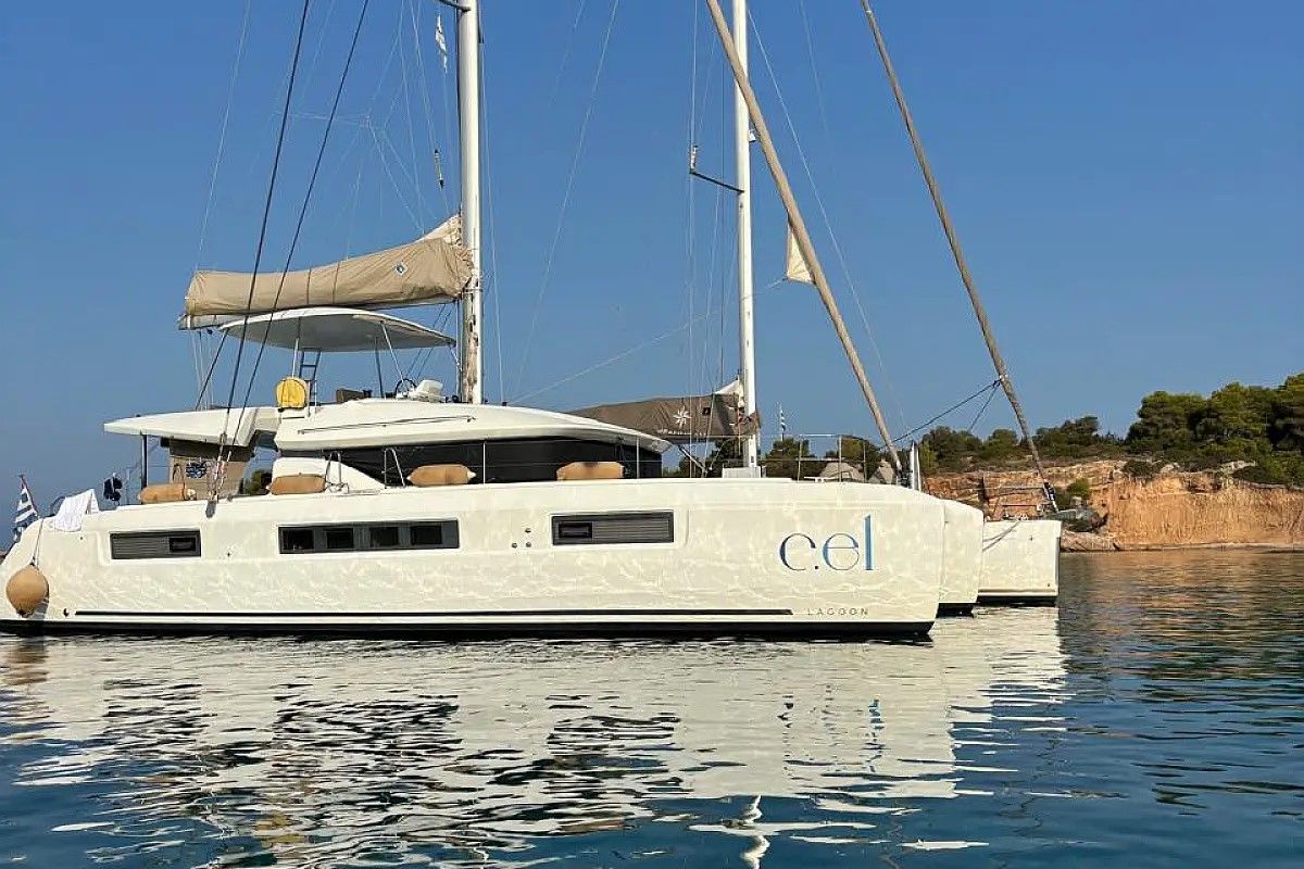 Exterior view of Cel, a Lagoon 50 catamaran at Piraeus, Greece