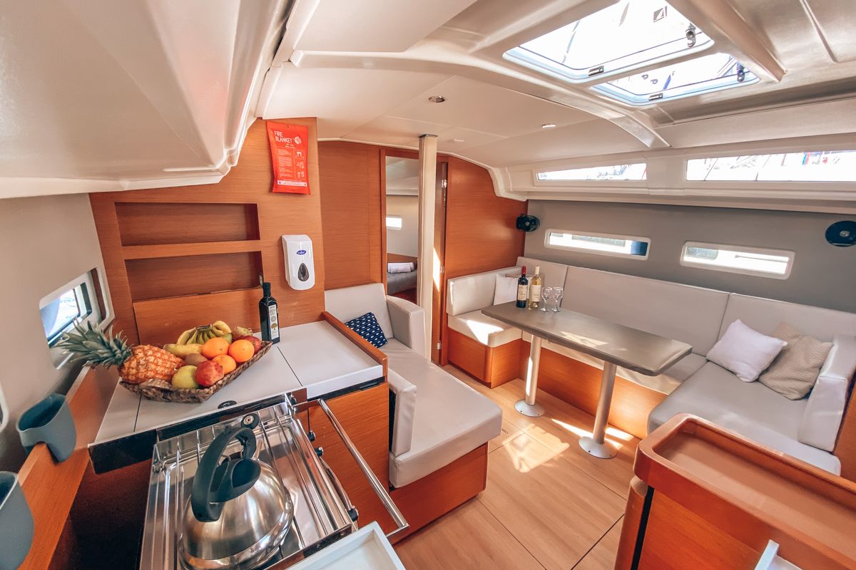 Galley of Aquaholic, a Jeanneau Sun Odyssey 410 sailboat at Athens, Greece
