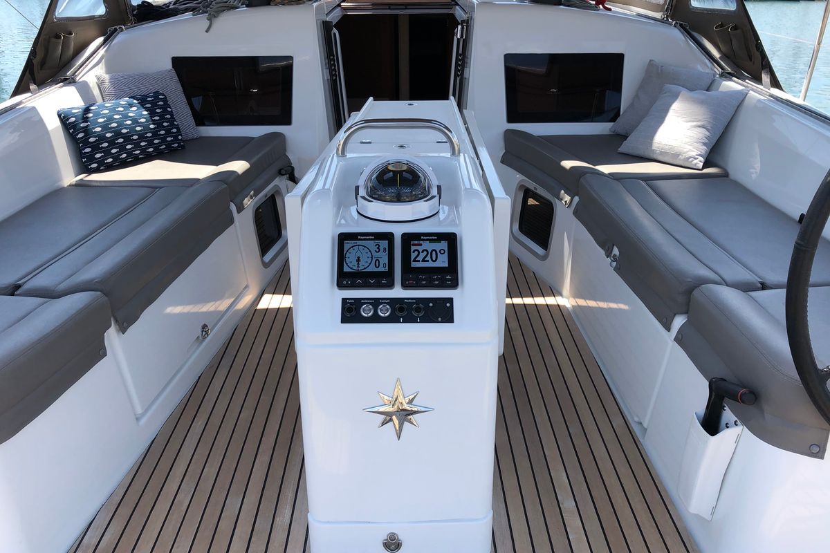 Cockpit of Aquaholic, a Jeanneau Sun Odyssey 410 sailboat at Athens, Greece