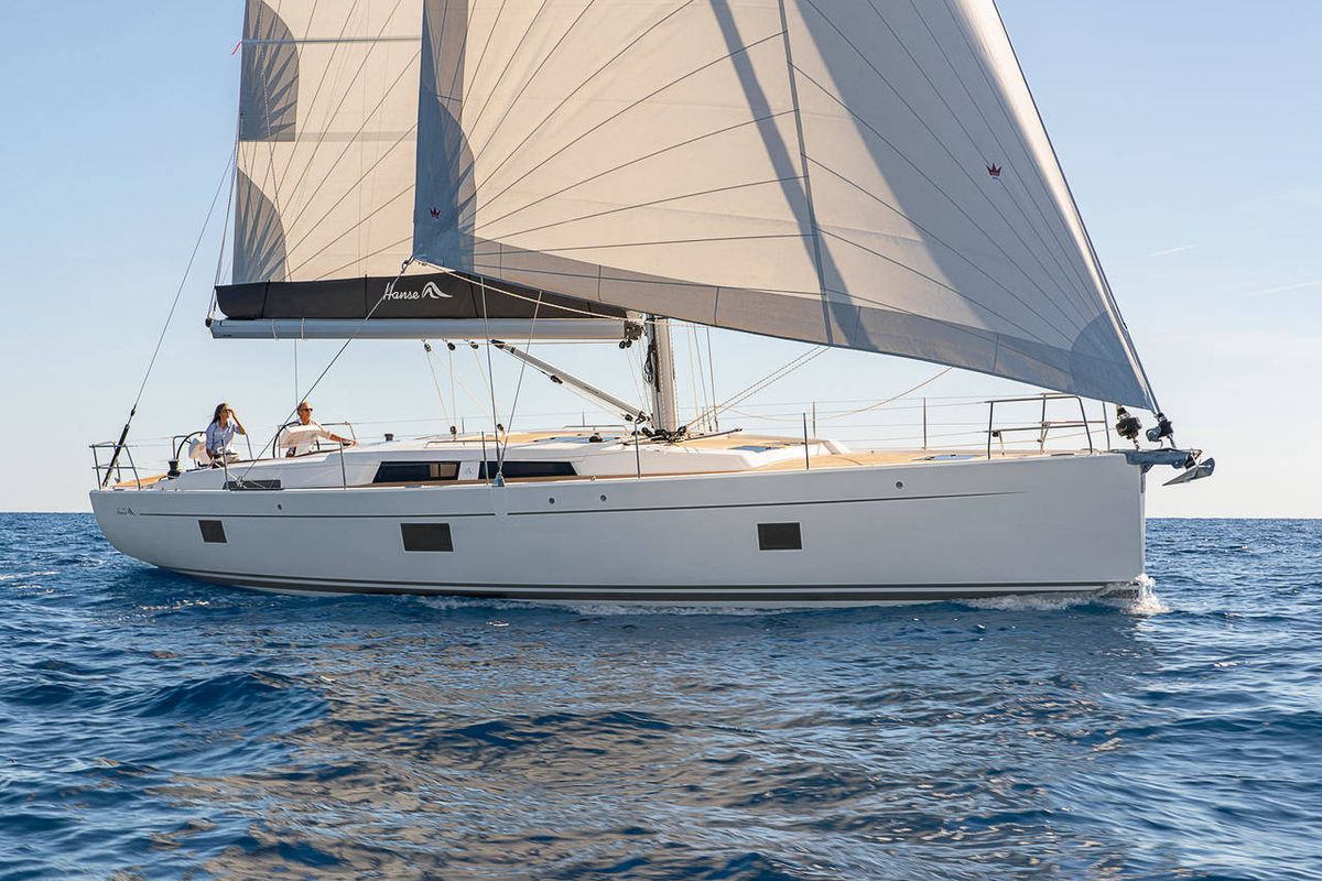 Exterior view of Aktea, a Hanse Yachts Hanse 508 sailboat at Lavreotiki Municipal Unit, Greece