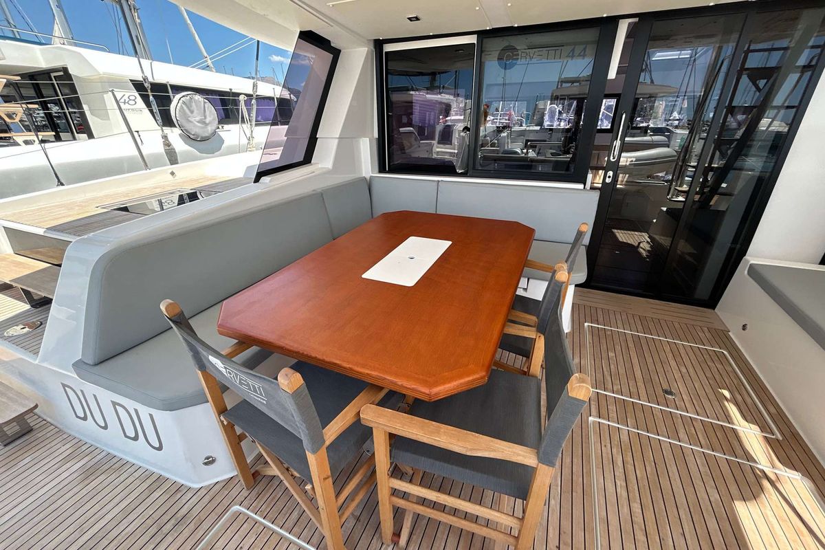 Deck of DU DU, a Cervetti 44 catamaran at Salerno, Italy