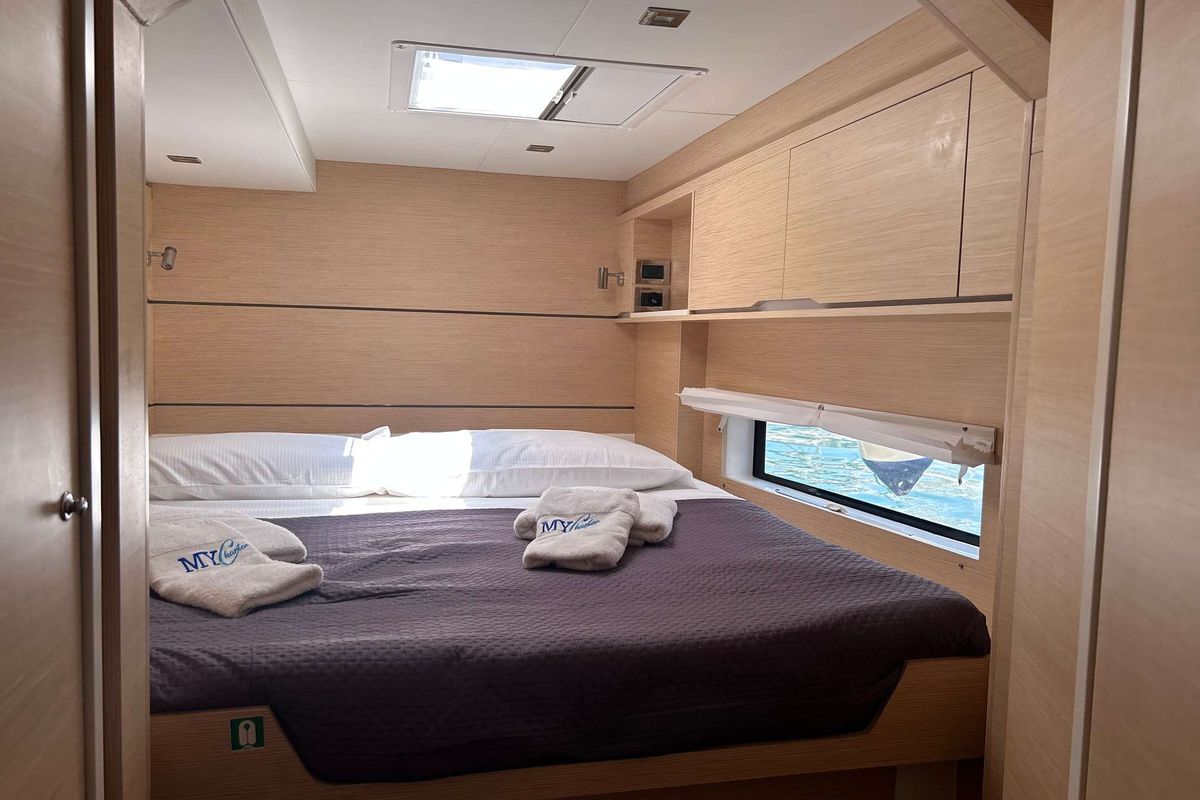 Cabin on DU DU, a Cervetti 44 catamaran at Salerno, Italy