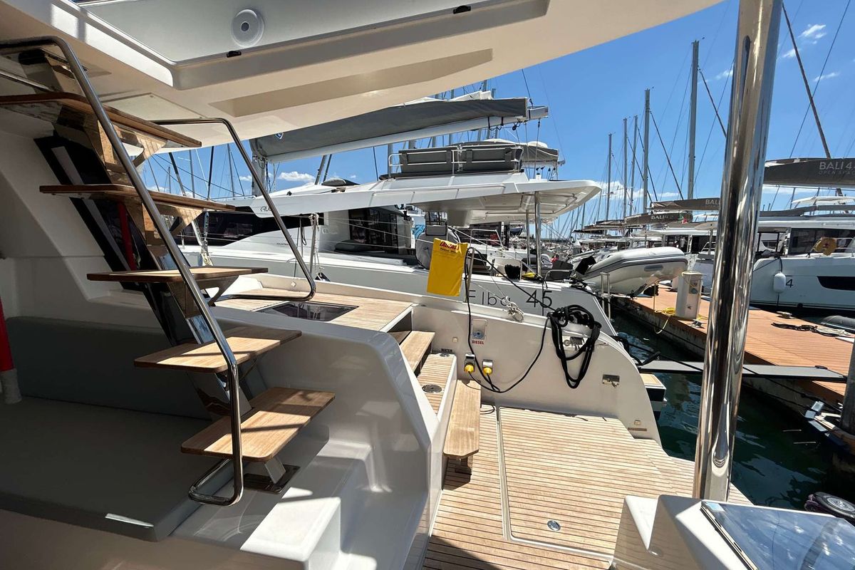 Exterior view of DU DU, a Cervetti 44 catamaran at Salerno, Italy