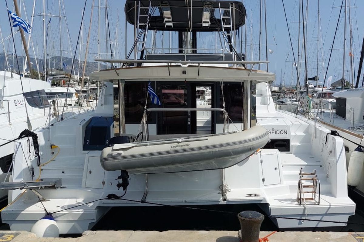Exterior view of Poseidon, a Bali 4.6 catamaran at Athens, Greece