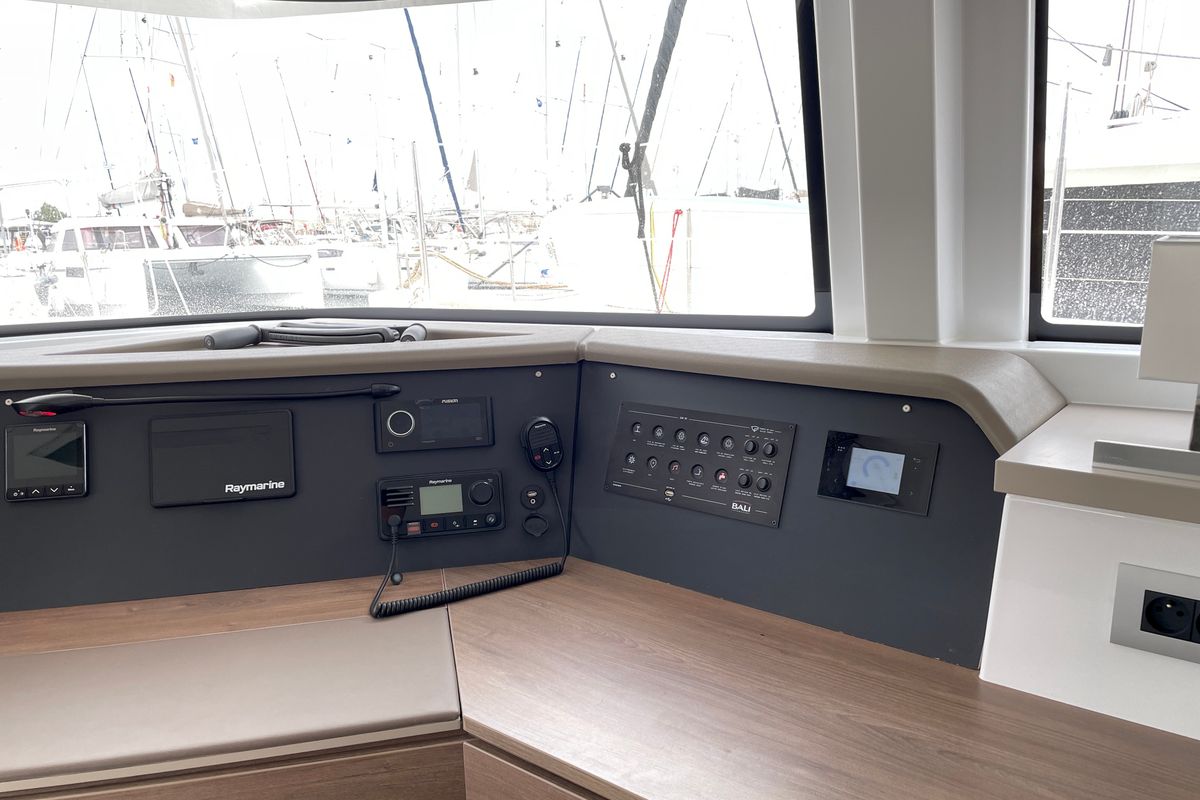 Cockpit of Poseidon, a Bali 4.6 catamaran at Athens, Greece