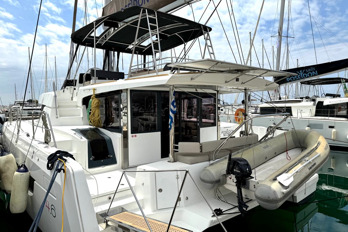 Exterior view of Poseidon, a Bali 4.6 catamaran at Athens, Greece
