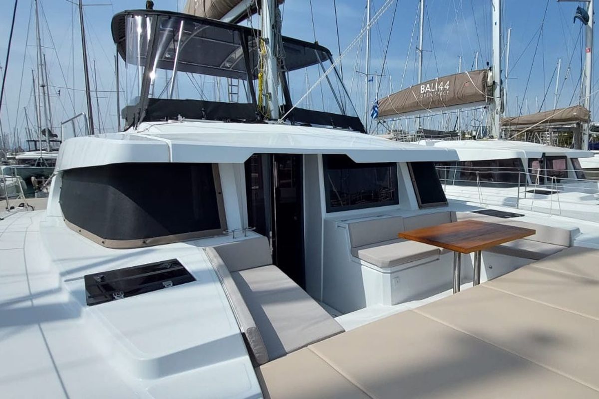 Deck of Poseidon, a Bali 4.6 catamaran at Athens, Greece