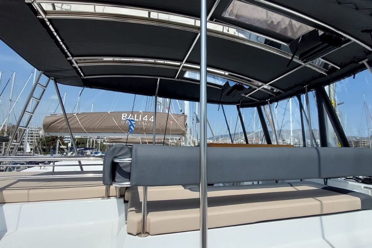 Deck of Poseidon, a Bali 4.6 catamaran at Athens, Greece