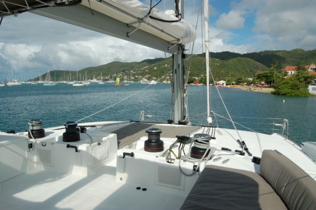 Deck of Marlena, a Lagoon 620 catamaran at Eden Island Marina, Seychelles