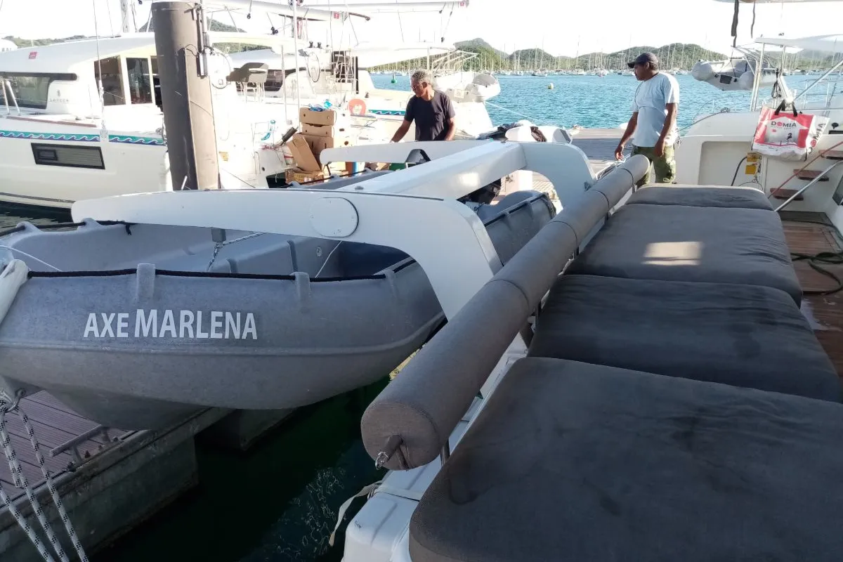Deck of Marlena, a Lagoon 620 catamaran at Eden Island Marina, Seychelles