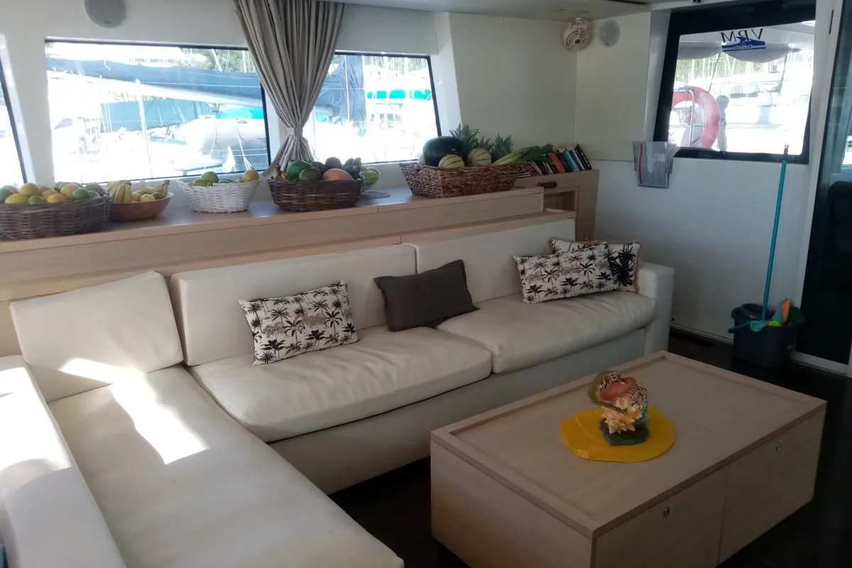 Salon of Marlena, a Lagoon 620 catamaran at Eden Island Marina, Seychelles