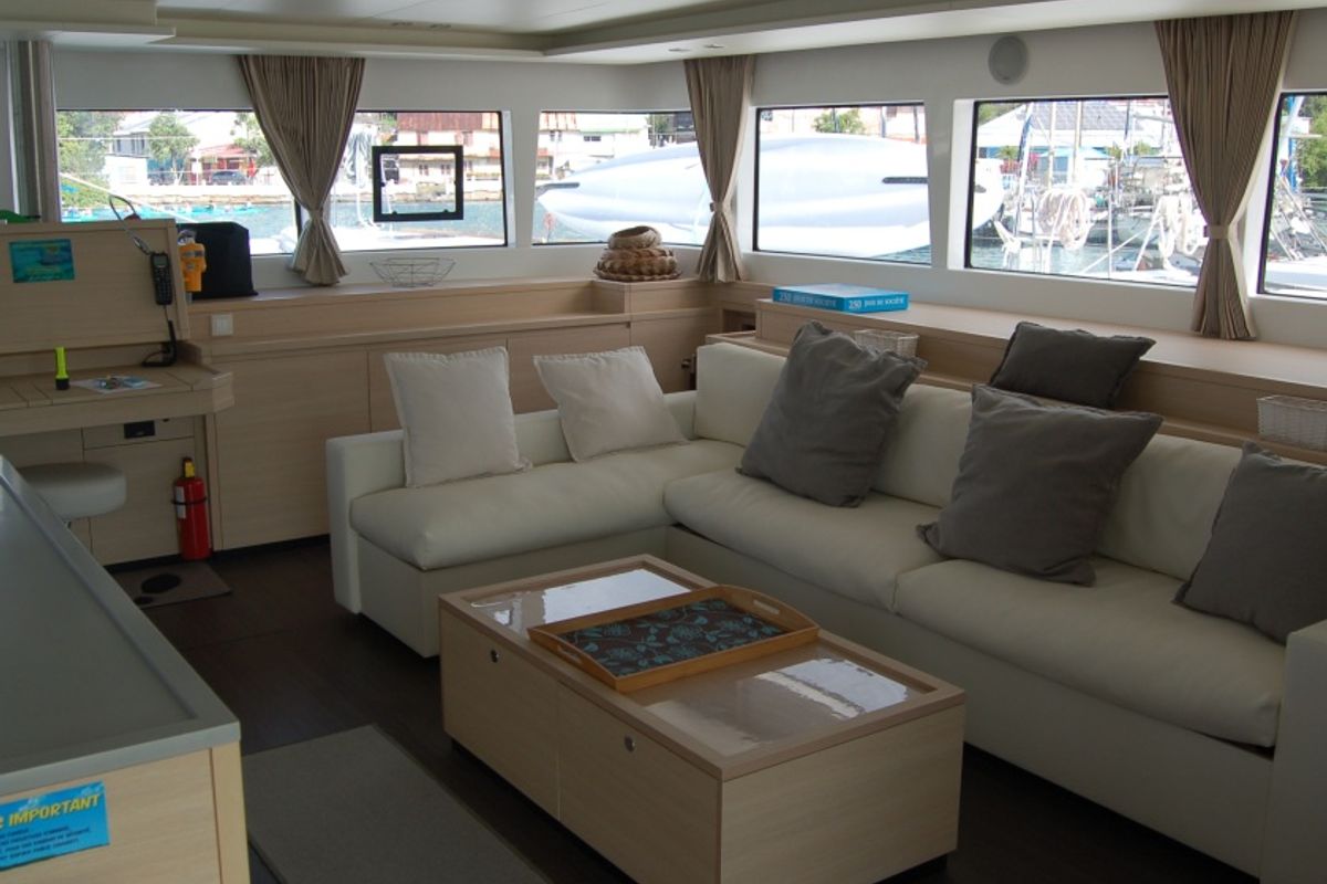 Salon of Marlena, a Lagoon 620 catamaran at Eden Island Marina, Seychelles