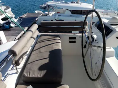 Cockpit of Marlena, a Lagoon 620 catamaran at Eden Island Marina, Seychelles