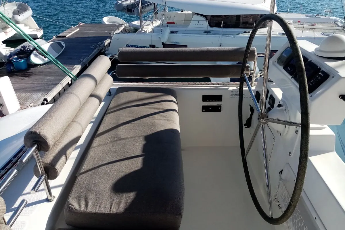 Cockpit of Marlena, a Lagoon 620 catamaran at Eden Island Marina, Seychelles