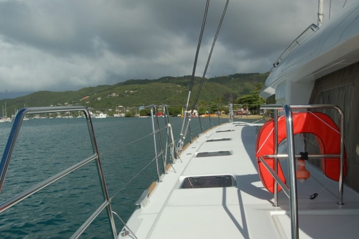 Deck of Marlena, a Lagoon 620 catamaran at Eden Island Marina, Seychelles