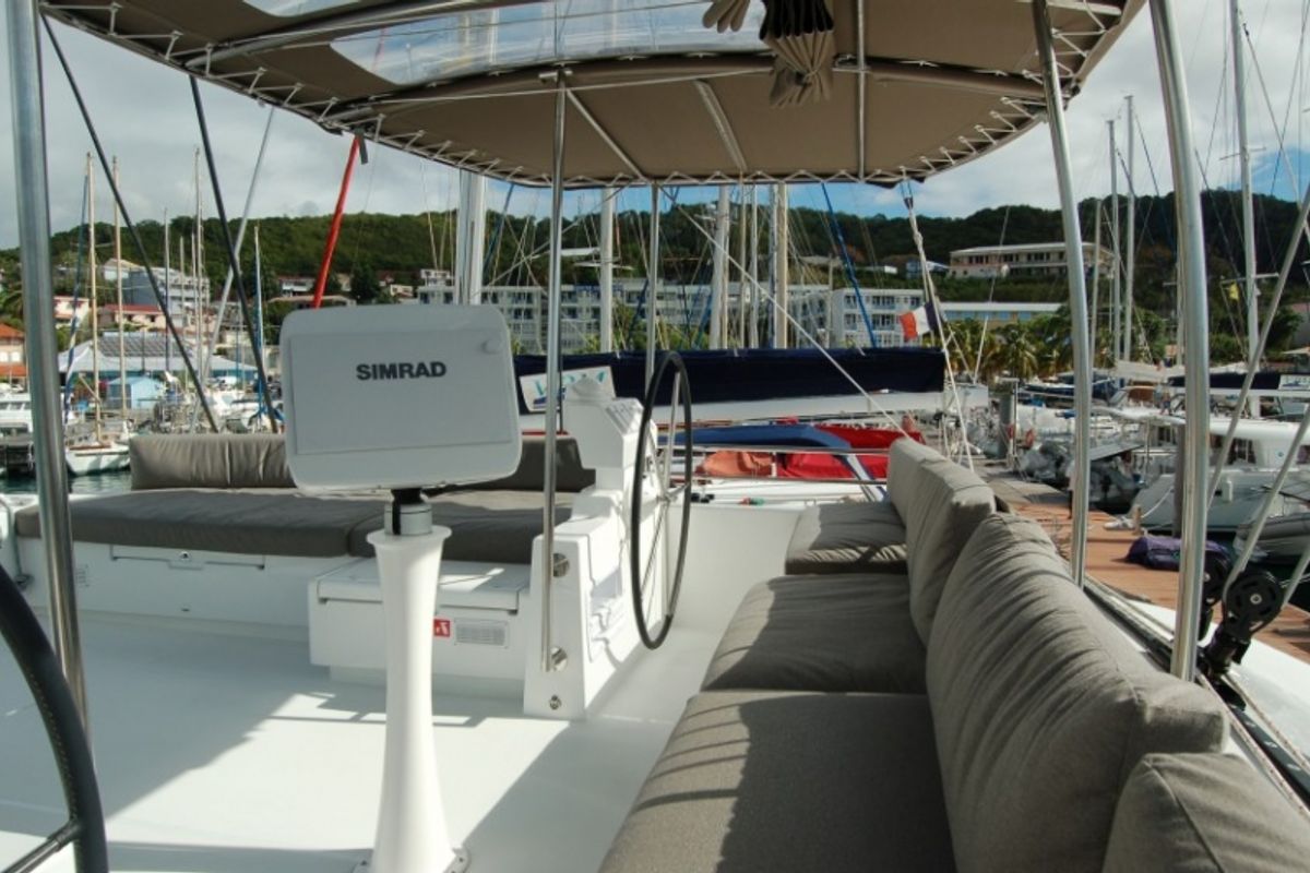 Cockpit of Marlena, a Lagoon 620 catamaran at Eden Island Marina, Seychelles