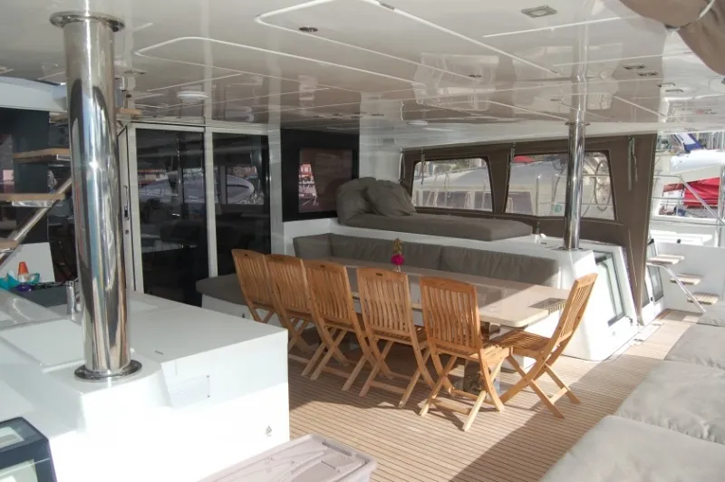Deck of Marlena, a Lagoon 620 catamaran at Eden Island Marina, Seychelles
