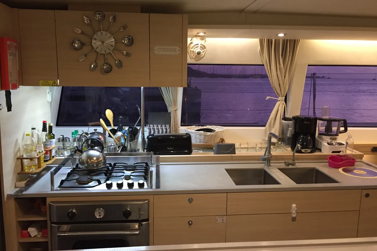 Galley of Marlena, a Lagoon 620 catamaran at Eden Island Marina, Seychelles