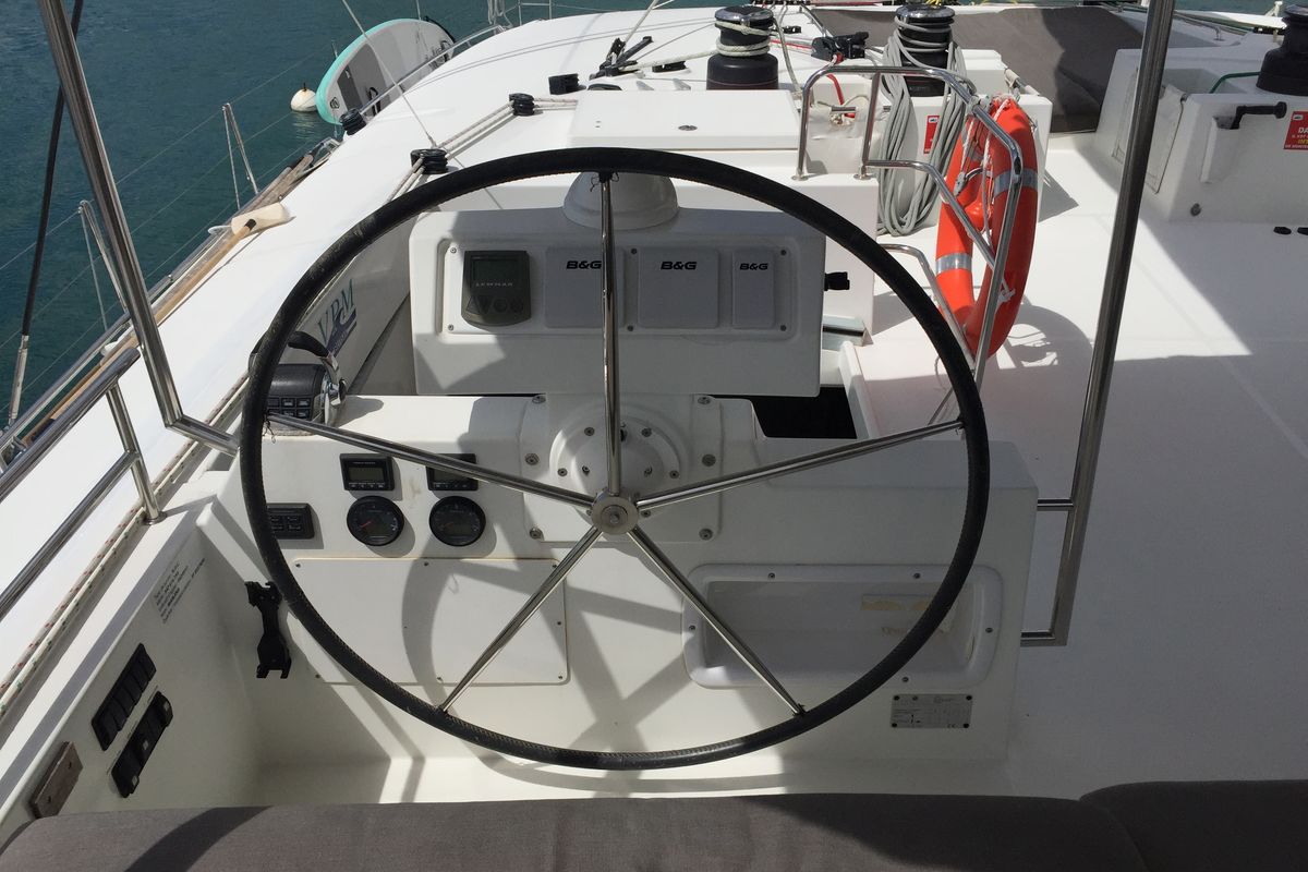 Cockpit of Marlena, a Lagoon 620 catamaran at Eden Island Marina, Seychelles