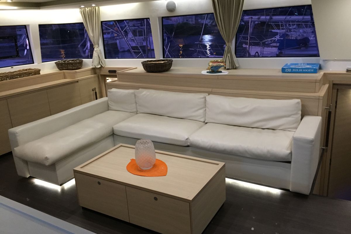Salon of Marlena, a Lagoon 620 catamaran at Eden Island Marina, Seychelles