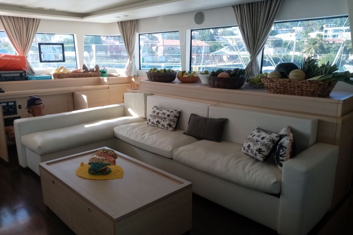 Salon of Marlena, a Lagoon 620 catamaran at Eden Island Marina, Seychelles