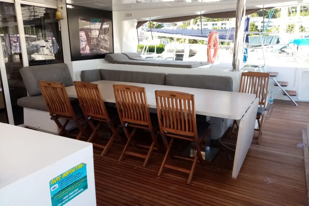 Deck of Marlena, a Lagoon 620 catamaran at Eden Island Marina, Seychelles
