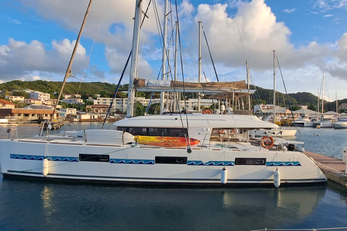 Exterior view of Marlena, a Lagoon 620 catamaran at Eden Island Marina, Seychelles