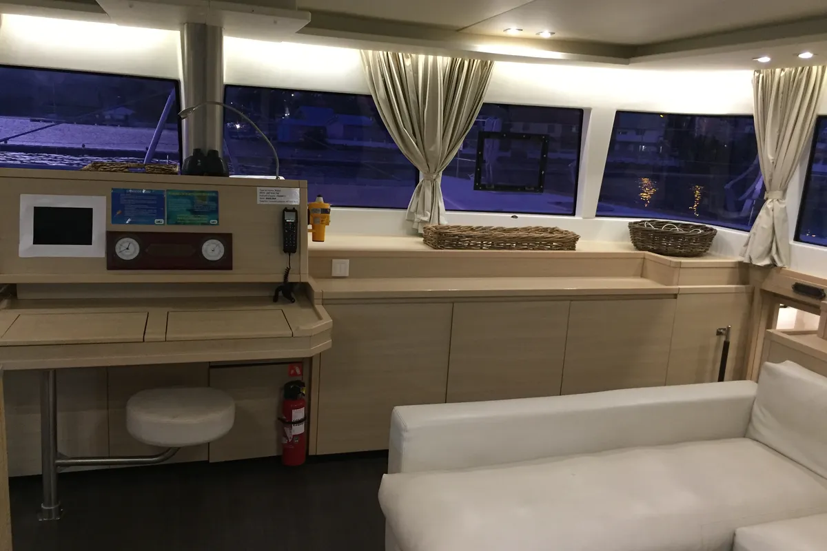 Salon of Marlena, a Lagoon 620 catamaran at Eden Island Marina, Seychelles