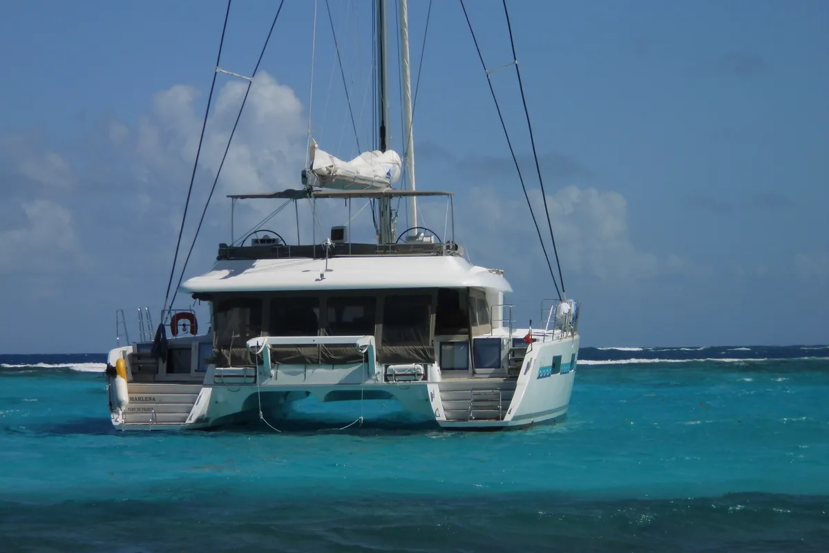 Exterior view of Marlena, a Lagoon 620 catamaran at Eden Island Marina, Seychelles