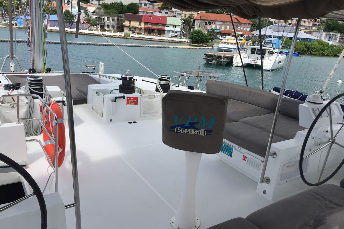 Cockpit of Marlena, a Lagoon 620 catamaran at Eden Island Marina, Seychelles