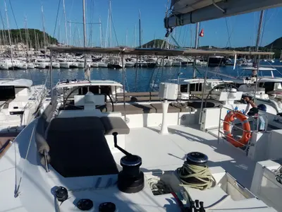 Deck of Marlena, a Lagoon 620 catamaran at Eden Island Marina, Seychelles