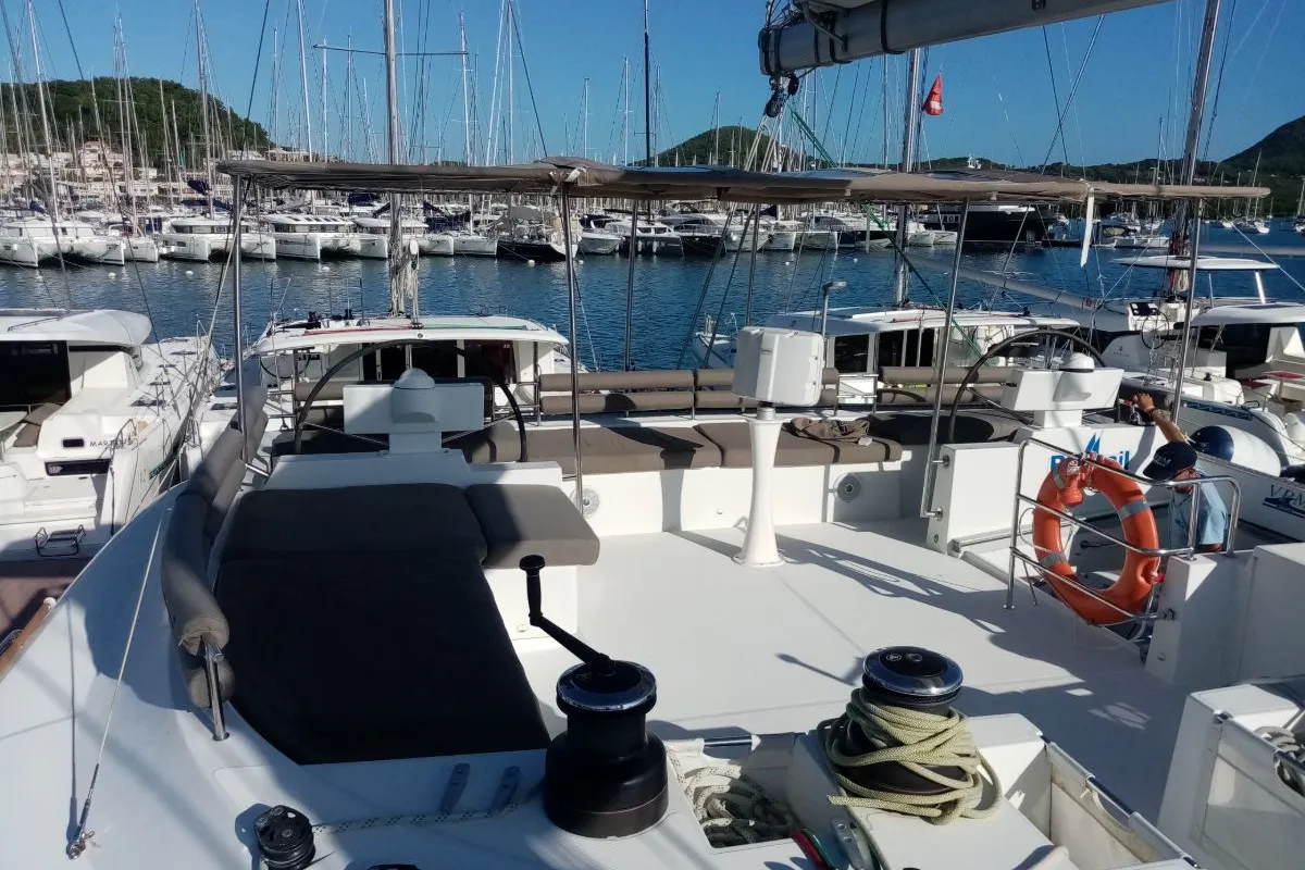 Deck of Marlena, a Lagoon 620 catamaran at Eden Island Marina, Seychelles
