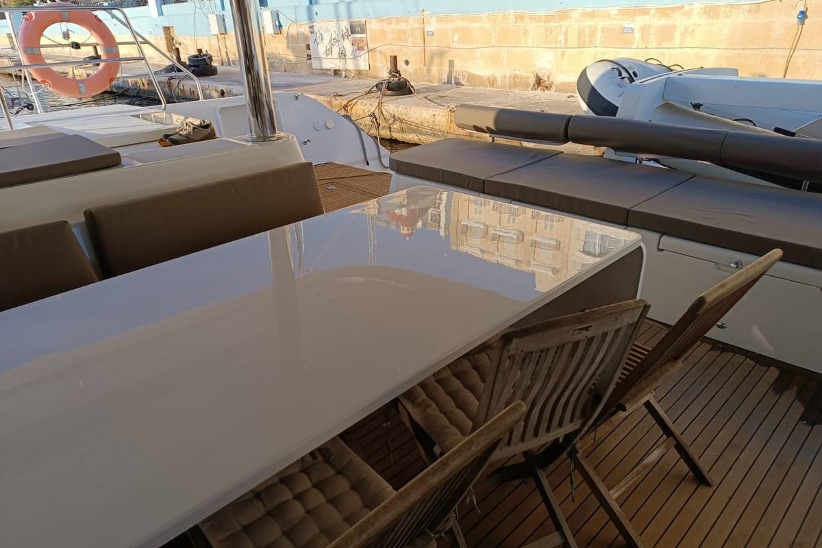 Deck of Marlena, a Lagoon 620 catamaran at Eden Island Marina, Seychelles