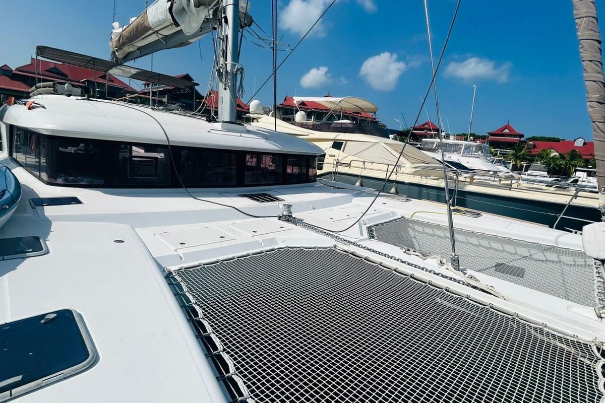 Deck of Marlena, a Lagoon 620 catamaran at Eden Island Marina, Seychelles